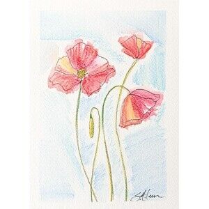 Watercolor Painting Expressive Floral Poppies Blue Sky Impressionist Signed 5x7